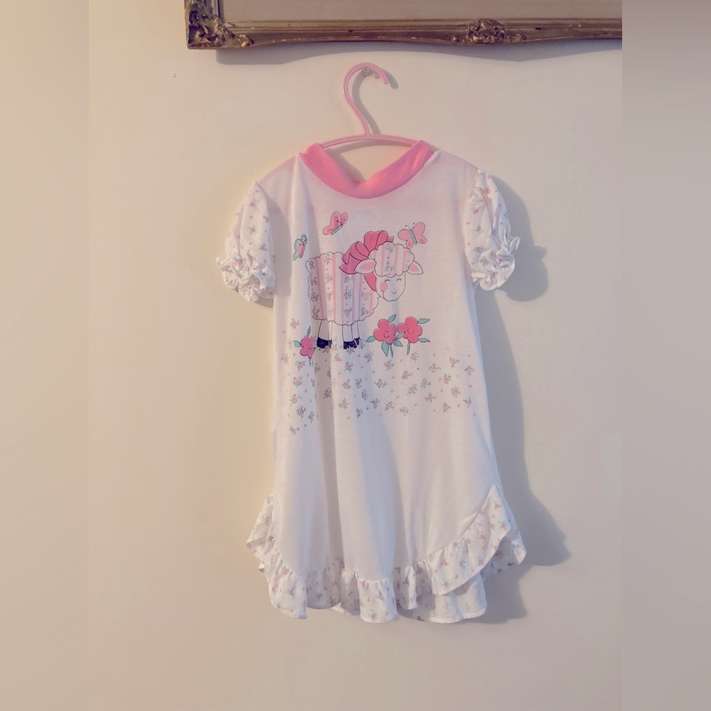 Vintage Sleepyhead Pink & White Floral Sheep Nightgown with Ruffles Size 3T